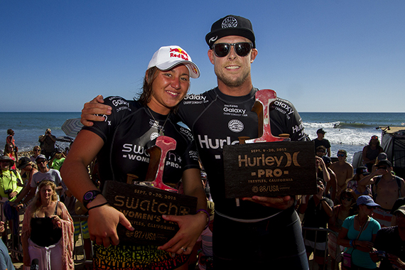 Carissa Moore (HAW) and Mick Fanning (AUS) reign supreme at Lower Trestles today, taking out the Swatch Women's Pro and Hurley Pro. Image: WSL/Morris