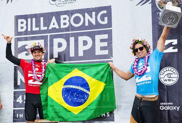 abriel Medina (left) celebrates the 2015 WSL Title clinching by compatriot Adriano de Souza (right) at the Billabong Pipe Masters in Memory of Andy Irons. In addition to claiming the 2015 WSL Title, De Souza made history as the first Brazilian to win the Pipe Masters while Medina, the 2014 WSL Champion, made history as the first Brazilian Vans Triple Crown winner. Image: WSL / Kirstin